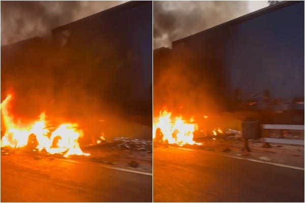 Caminhão carregado com bebidas pega fogo na BR-364; ninguém ficou ferido