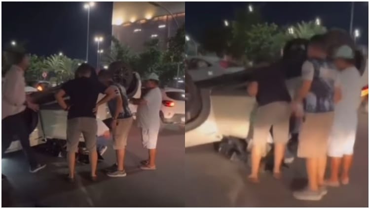 Mulher capota carro na frente de shopping center em Cuiabá