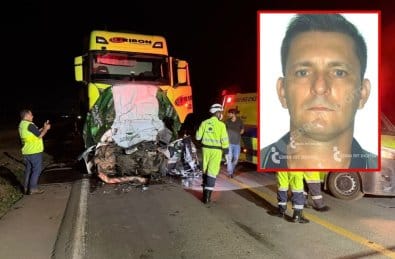 Utilitário é esmagado entre carretas e motorista morre preso às ferragens na rodovia BR-163