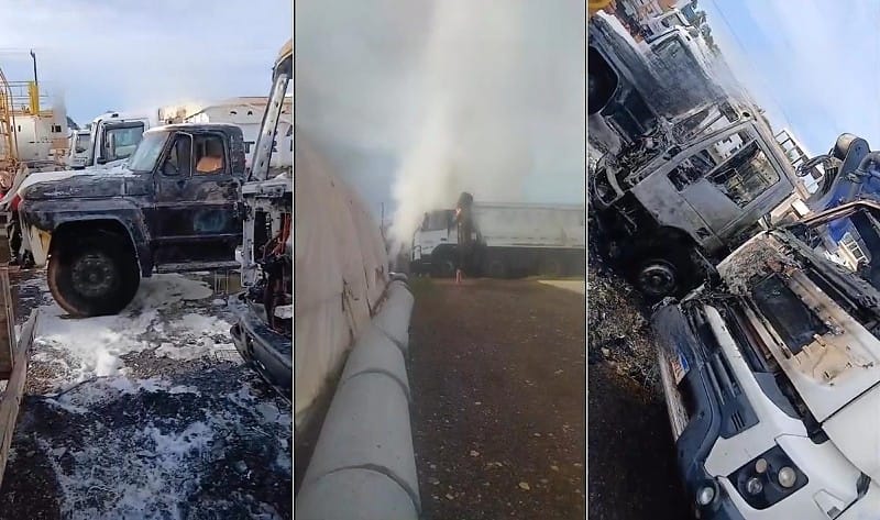 Incêndio atinge pátio de construtora e destrói caminhões  e caminhonete; veja vídeo