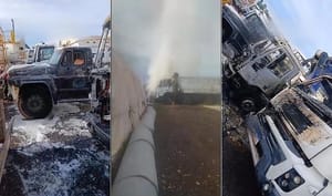 Incêndio atinge pátio de construtora e destrói caminhões  caminhonete; veja vídeo